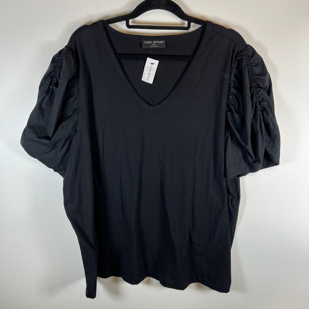 Lane Bryant Black Vβ Neck Gathered Sleeve T Shirt Plus Sz 22/24 Cotton Blend NEW